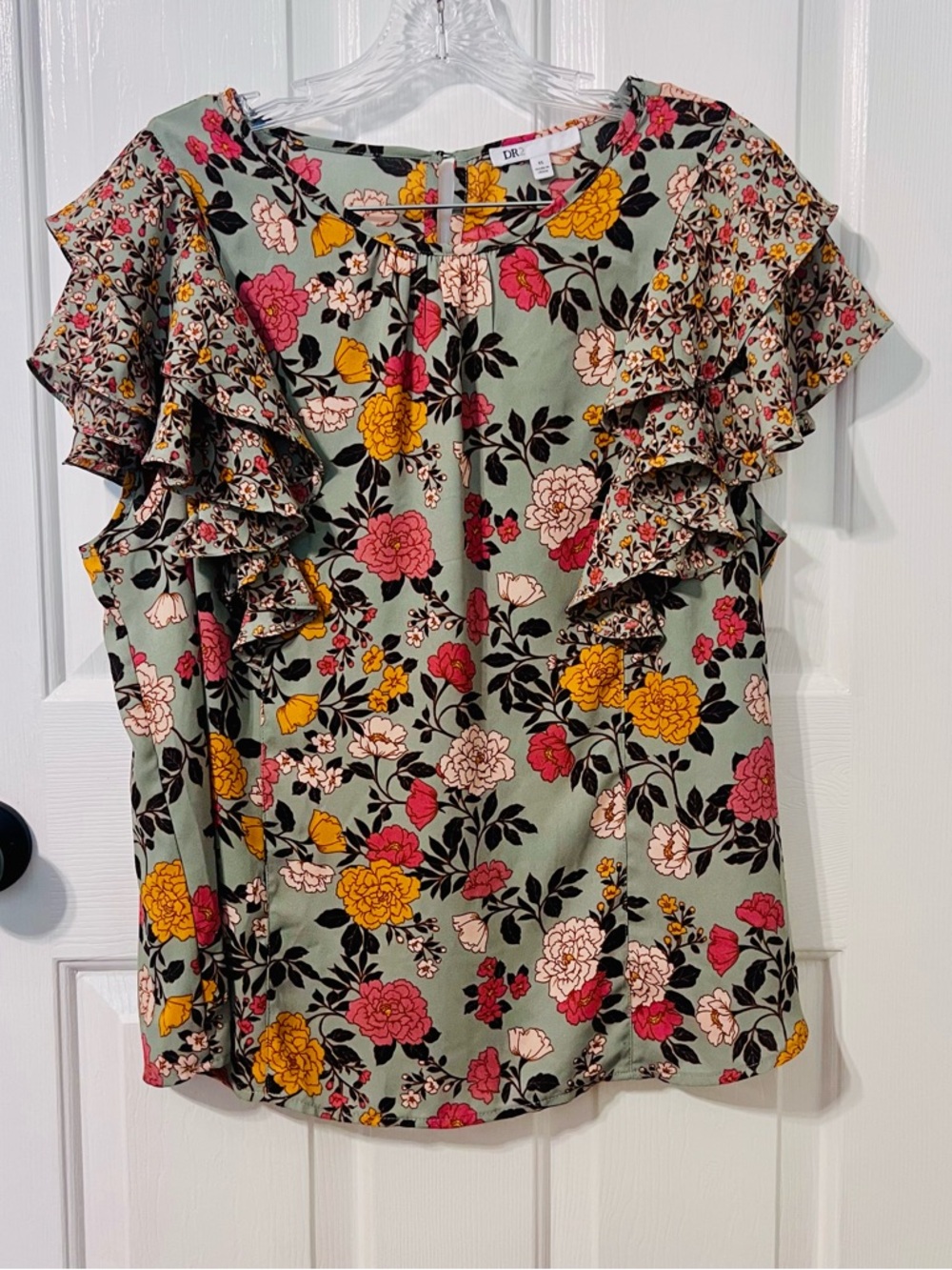 DR2 Sage Floral Ruffle Sleeve Blouse with Pink & Mustard Accents XL